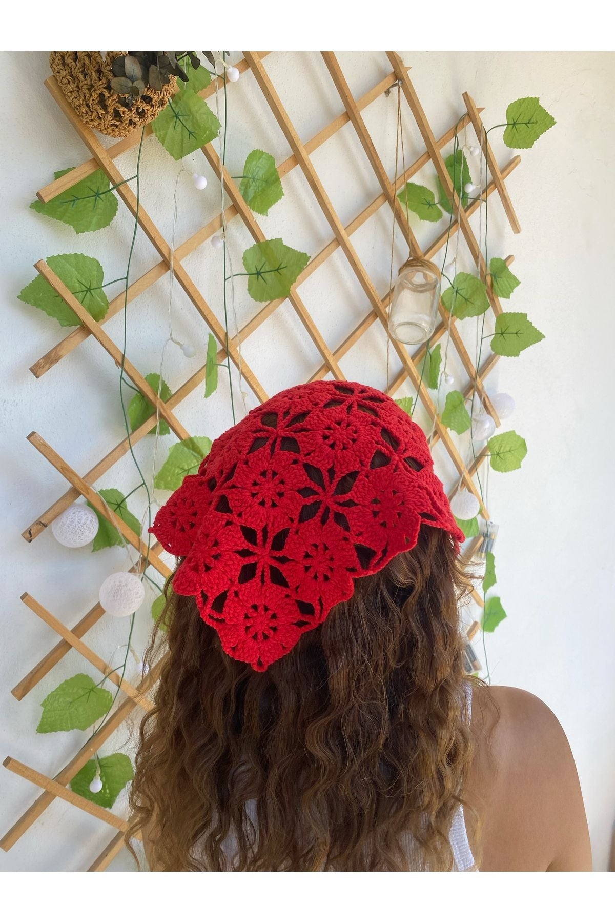 Kırmızı Çiçek desen örgü bandana