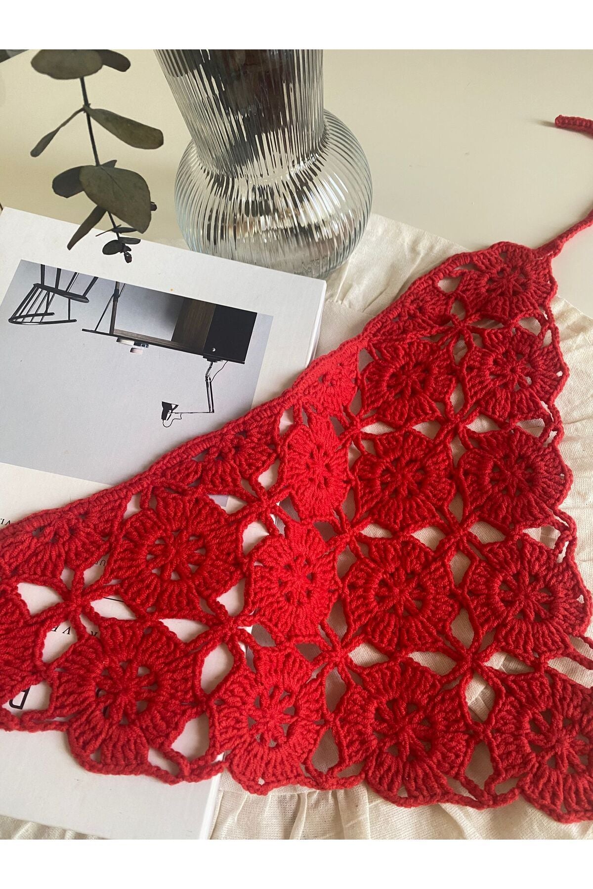 Kırmızı Çiçek desen örgü bandana
