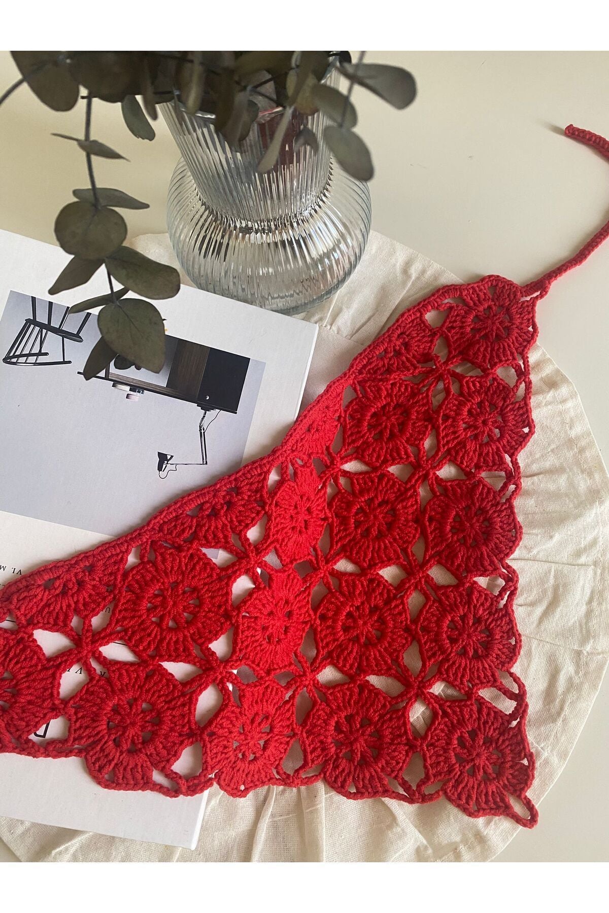 Kırmızı Çiçek desen örgü bandana