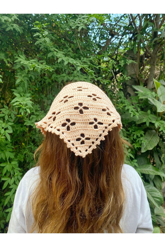 Çiçek Desen Örgü Bandana Somon Rengi