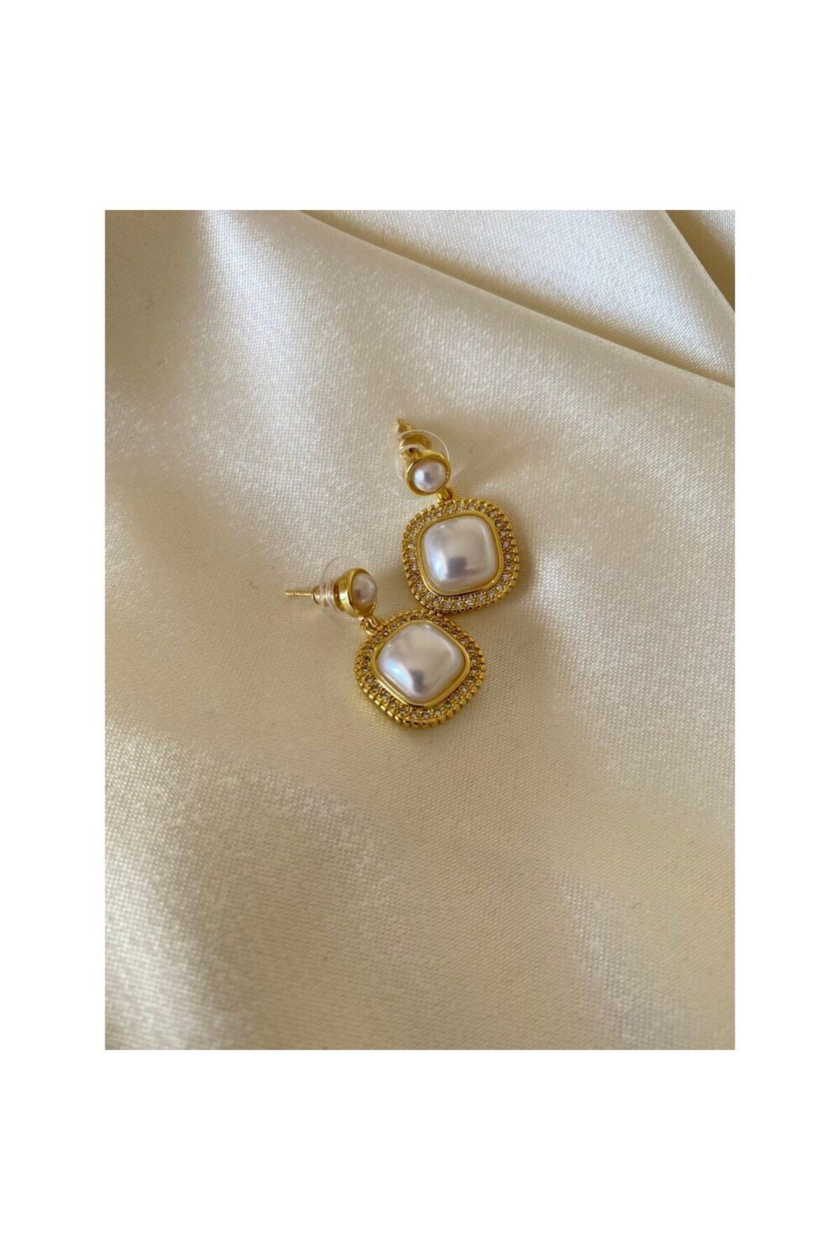 Gold zirkon taşlı inci küpe